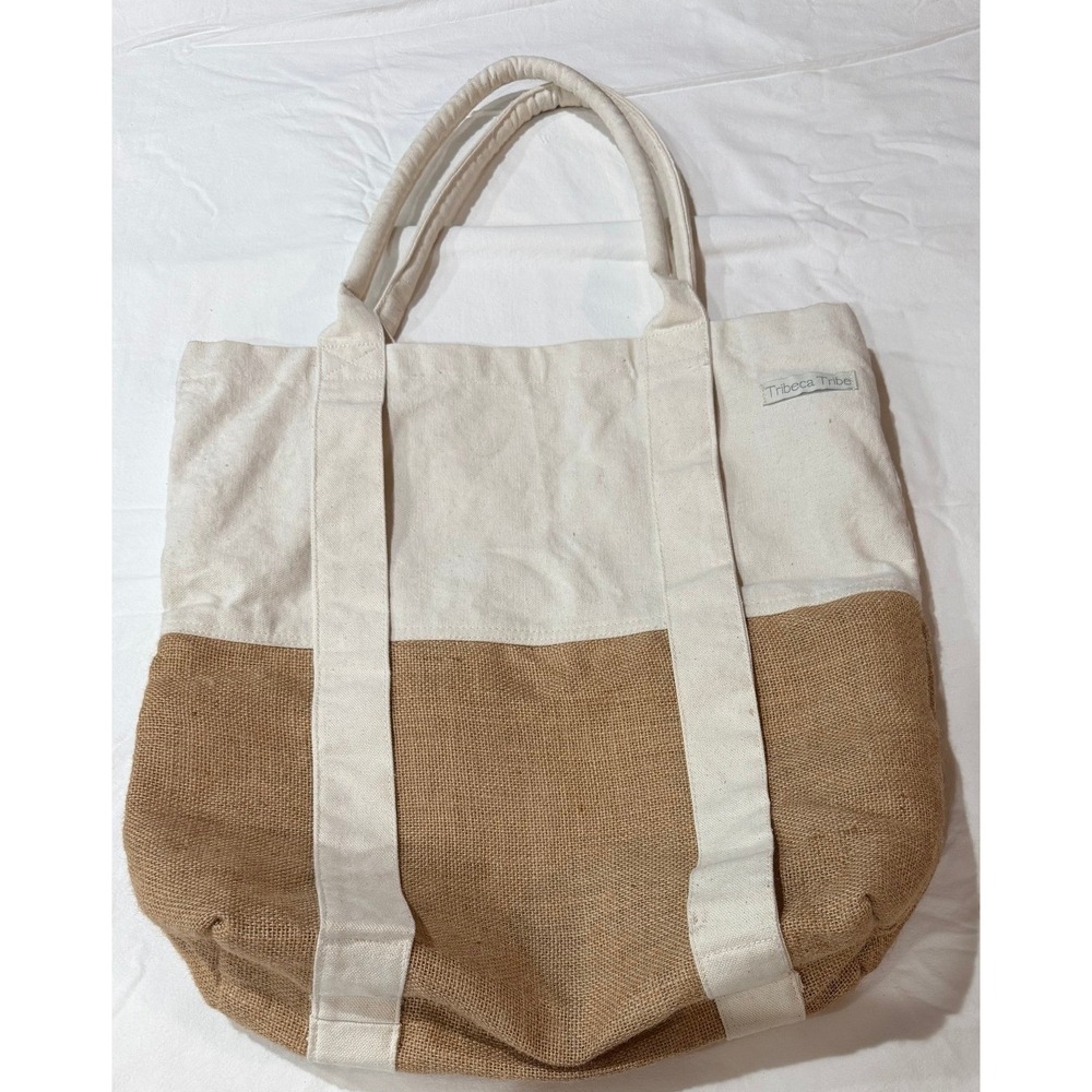Tribeca Tribe Cotton Jute Tote Bag Cream Tan Colorblock Beach Market Shopper